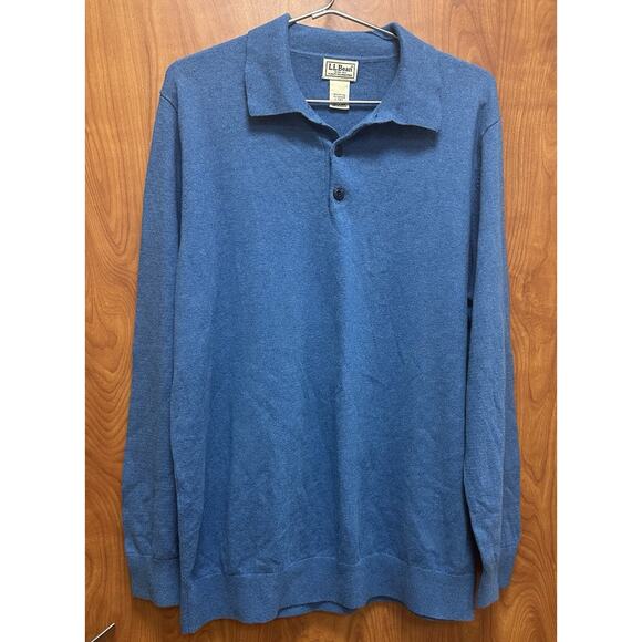 LL BEAN Vintage Cotton Cashmere Long Sleeve BLUE Polo Sweater LARGE TALL EUC - Picture 2 of 9